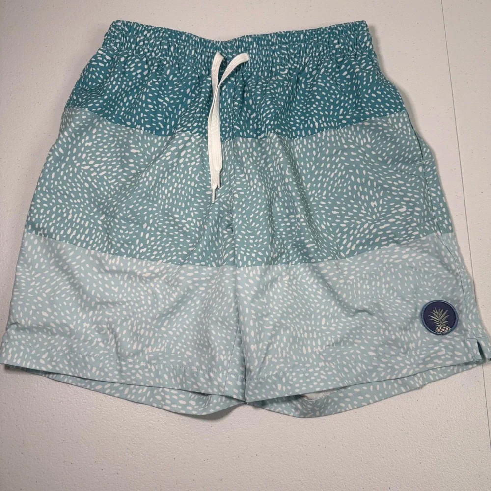 Chubbies Men's Trunks Shorts Teal White Pattern Elastic Waist Drawstring sz S EC